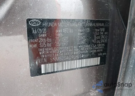 2020 Hyundai Santa Fe Se z USA, uszkodzony, nr VIN 5NMS23AD9LH254669